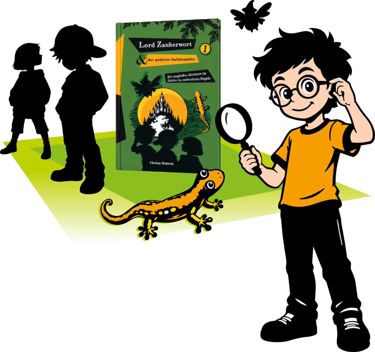 Linus entdeckt mit der Lupe den goldenen Salamander. Dahinter stehen Tobi und Franzi als Schattenrisse, darüber schwebt Lord Zauberwort mit seinen Libellenflügeln. In der Mitte das Buch.